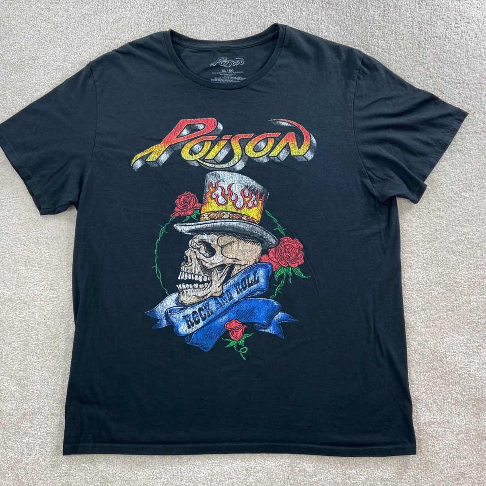 Poison Band T-Shirt Mens XL Black Rock and Roll Skull Flaming Top Hat Graphic